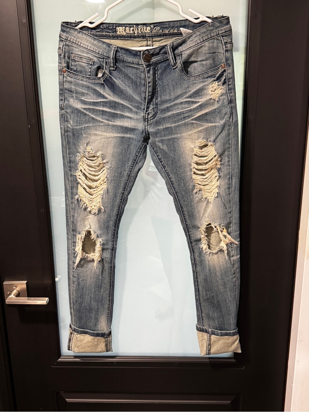 Machine Distressed Skinny Jeans - Light Blue